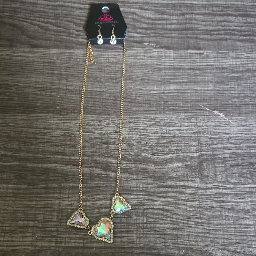 Paparazzi Gold Necklace with Iridescent Heart Pendants